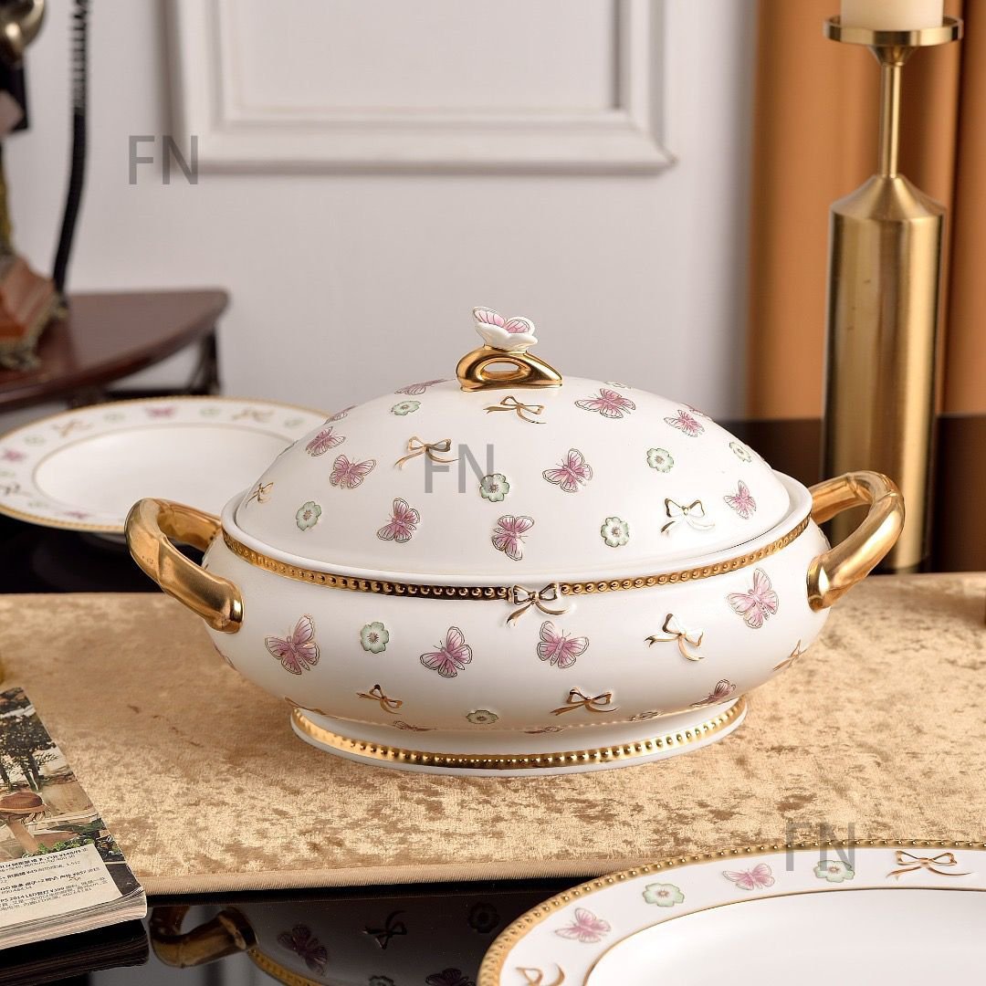 Butterfly Pastel pearl white Soup Tureen